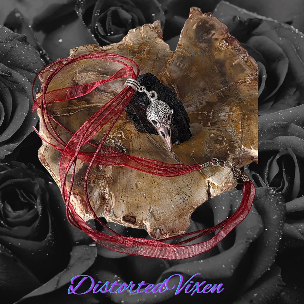 Silver Raven Skull Filigree Necklace | Dark Boho Gothic Jewelry on Red Ribbon